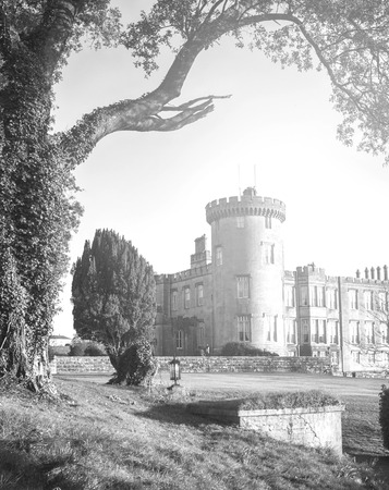 beautiful black and white landscape photograph of an irish old celtic castle . scenic ireland castle set in a forestのeditorial素材