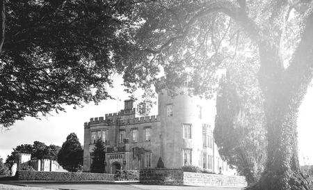 Beautiful black and white landscape photograph of an Irish old celtic castle . scenic Ireland castle set in a forestの写真素材