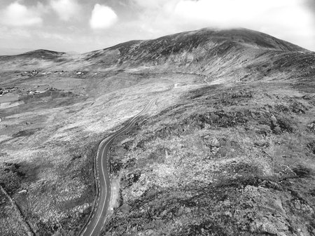 black and white aerial birds eye landscape from the ring of kerry, ireland. beautiful scenic...