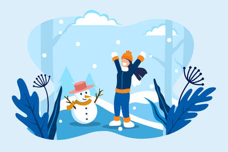 Flat illustration of happy winter season holiday design for greeting card, banner, landing page, etc.のイラスト素材
