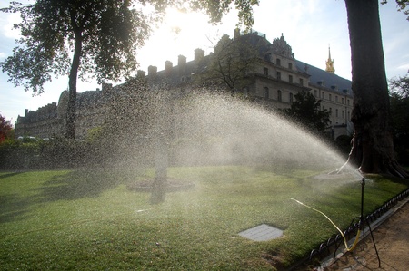 watering the lawn in the summer timeのeditorial素材