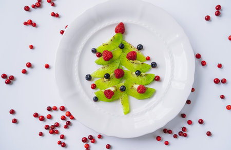 christmas food for kids. white dish with christmas tree made of kiwi, raspberries, cowberry and huckleberry. high quality photoの写真素材