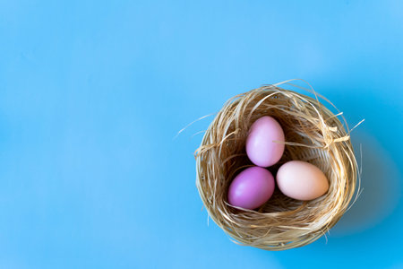 Nest of colored Easter eggs on blue background