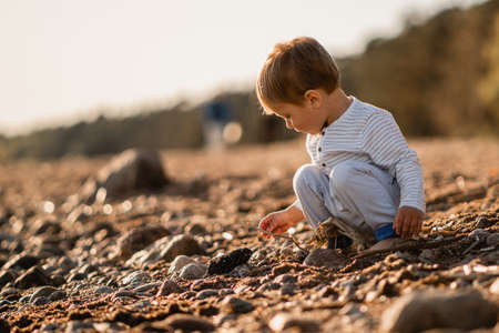 Cute little caucasian boy sitting on beach playing with rocks. Image with selective focusの写真素材