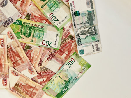 Mixed banknotes of Russian national currencyの写真素材