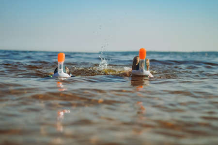 cute little caucasian boys wearing snorkeling maskswimming in the sea. high quality photoの写真素材