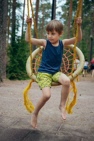 cute little boy having fun on a swing at playground. Summer vacation in nature.