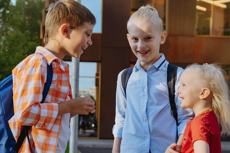 children go to school with backpacks on sunny day. Beginning of academic year. friends meet after...
