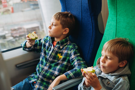 children travelling by train. Boys sitting in train car and looking through windowの写真素材