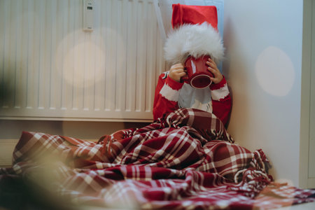 cute little boy wrapped id plaid wearing santa hat sitting by heater drinking hot drink. Christmas time. Cold at home, energy crisis. fuel povertyの写真素材