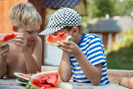 cute caucasian boys eating watermelon at the wooden table in countrysideの写真素材