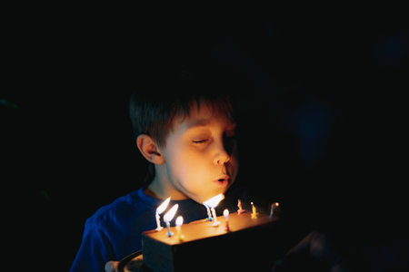 little cute caucasian boy making a wish puffing out candles on cake on his 9 birthday. High quality photoの写真素材