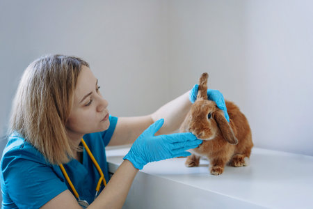 young caucasian female veterinarian examining red rabit. Image with selective focusの写真素材