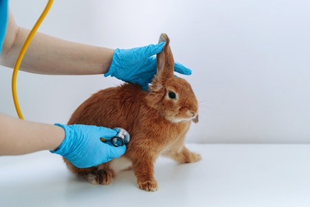 woman veterinarian doctor hands examining red rabit with stethoscope. Image with selective focusの写真素材
