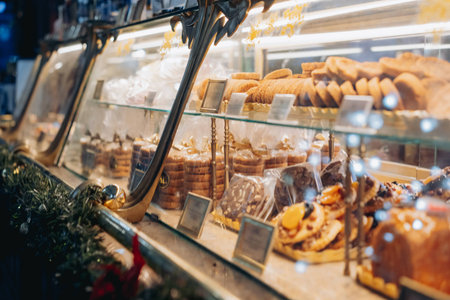 store counters with candies and marzipan. Christmas shopping concept. selective focus.