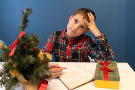 handsome caucasian boy writing letter for Santa Claus for christmas