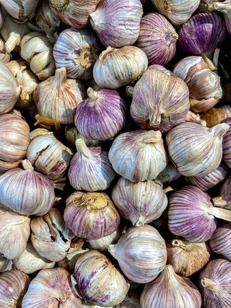 stack of raw garlic in plastic container in market. Top viewの写真素材