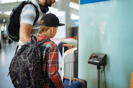 caucasian bearded man with son in airport putting suitcase on weights mesuring luggageの写真素材