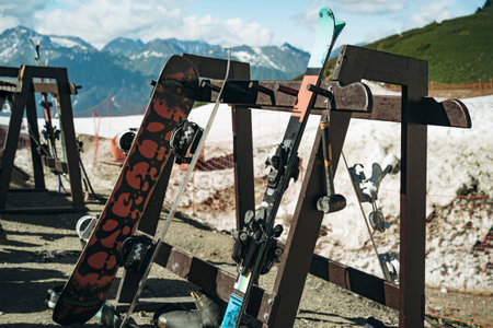 wooden stand with snowboard and ski on mountain resort. High quality photoの写真素材