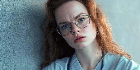 young european woman doctor wearing glasses and blue medicite suit looking tired looking tiredの素材