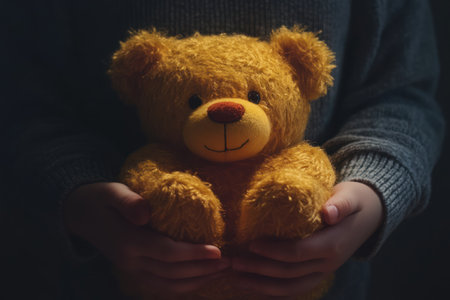 closeup child hands holding a teddy bear Safe Toys and Gifts Month conceptの素材