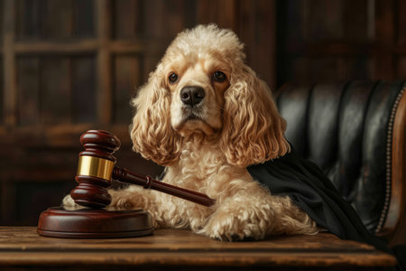 An American Cocker Spaniel dog dressed as a judge, holding a gavel. animal rights protection. High quality photoの素材
