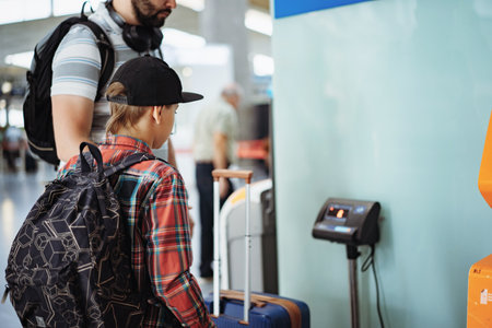 caucasian bearded man with son in airport putting suitcase on weights mesuring luggageの写真素材