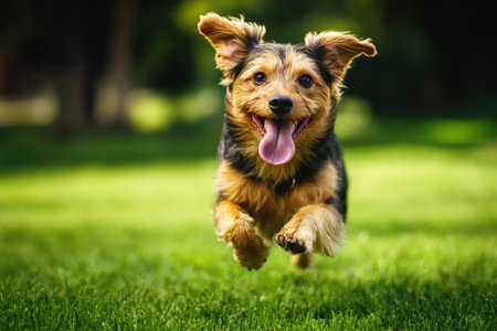 A lap-dog with tongue out running on green lawn towards the cameraの素材