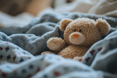 closeup of Cute little teddy bearin child bed. Safe Toys and Gifts Month conceptの素材
