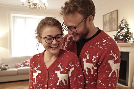 young cople at home wearing Ugly Christmas Sweaters. Jumpers dayの素材
