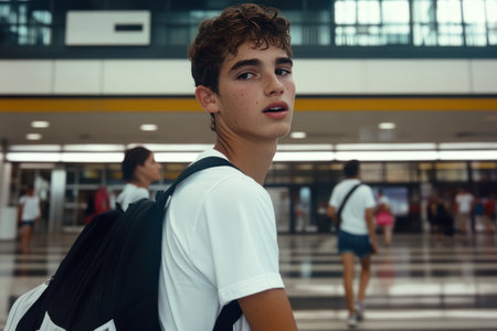 A teenager with backpack traveling alone. Boy in airport terminal looking to cameraの素材
