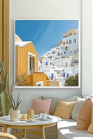 Poster with view of santorini island, Greece.Sea view among white buildings against blue sky. watercolor pop-art. Shirley Hughes style. Cafeteria window viewの素材