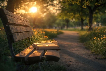 a book on bench in park. Golden hour, sun is setting down. tranquility. . High quality photoの素材