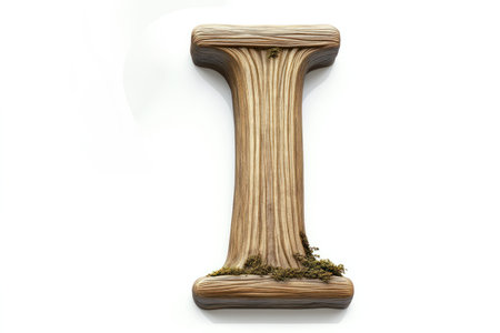 Bold rustic wooden capital letter I, aged oak wood, moss growing in crevices, white background.の素材