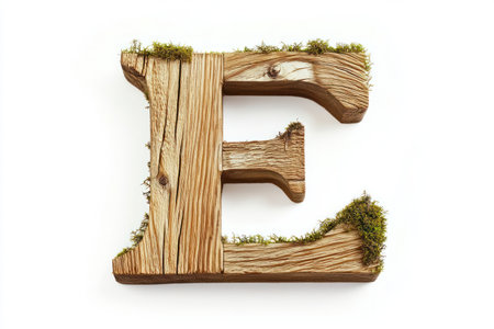 Bold rustic wooden capital letter E, aged oak wood, moss growing in crevices, white background.の素材