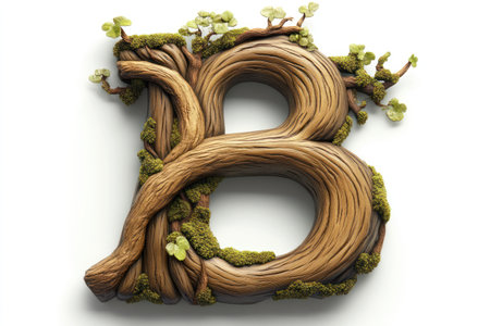 smooth bold wooden capital letter B, aged oak wood, moss growing in crevices, white background.の素材