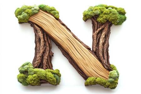Bold rustic wooden capital letter N, aged oak wood, moss growing in crevices, white background.の素材