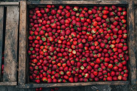 The strawberries in a rustic wooden box. High quality photoの写真素材