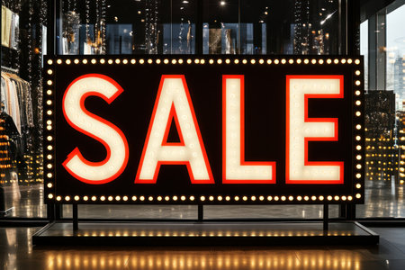 red signboard with text SALE UP TO 90% OFF in front of the showcase of fashion store, black Friday conceptの素材
