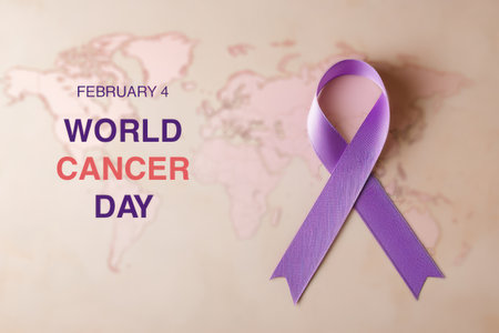 purple, lavender ribbon on world map background, symbol of world cancer day bannerの写真素材