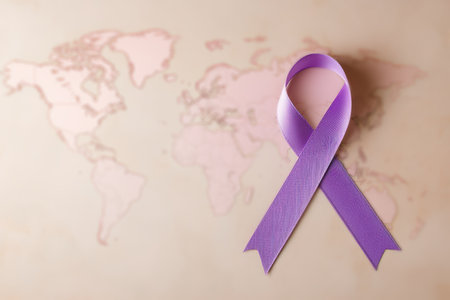 purple, lavender ribbon on world map background, symbol of world cancer day bannerの写真素材