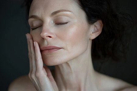 middle aged woman suffering from headache touching her foreheadの素材