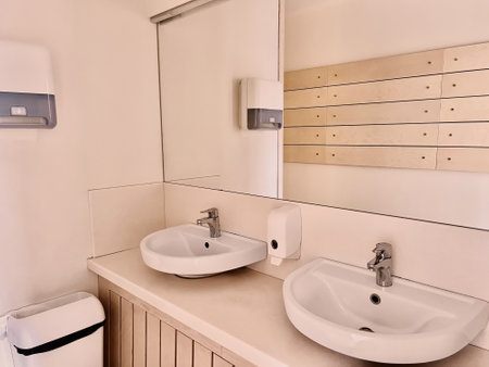 single sink in small public toilet with wall soap dispenser and paper towlels holder.の写真素材
