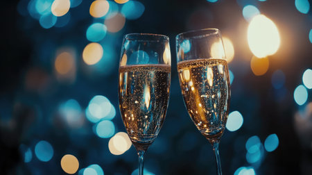 A close-up champagne glasses clinking in celebration of New Yearの素材