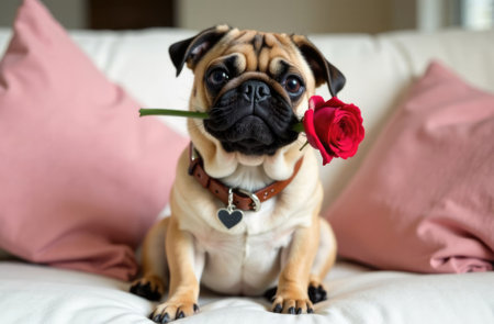 pug dog holding a red rose in mouth, wearing collar with heart pendant sitting onsofa. Valentine's day for pets conceptの素材