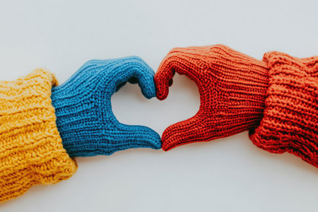 man hands in colorful knit gloves making a heart shape with his fingersの素材