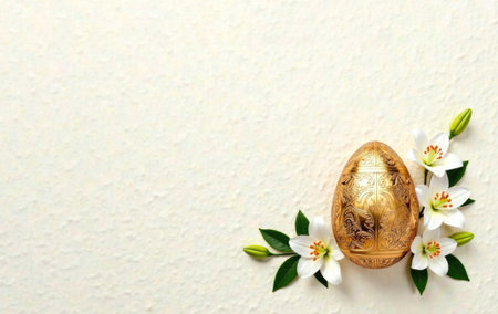 a greeting card for easter with golden egg and spring flowersの素材