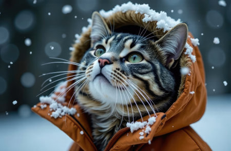 a fantasy cat looking like human wearing jacket with hood on watching falling snowの素材