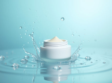 a plain open white jar of cream on reflective water backgroundの素材