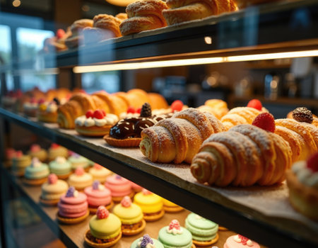 close up view of glass case in bakery filled with pastries: fruit tarts, croissants and colorful macaronsの素材